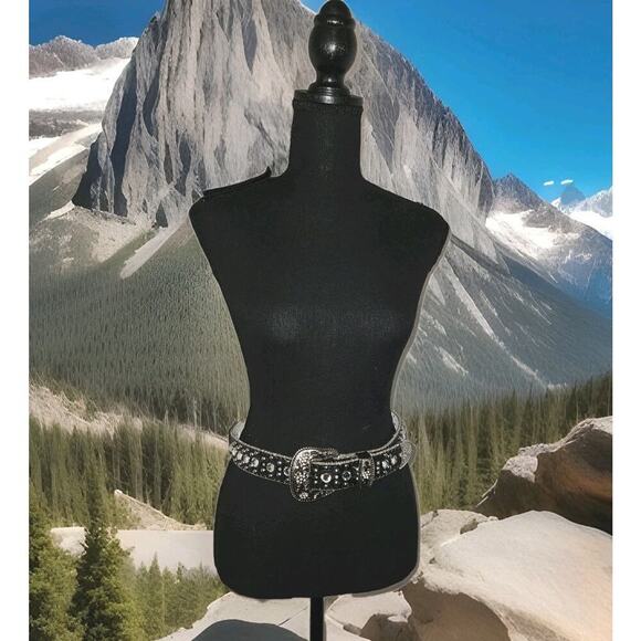 New! BHW Western Cowgirl Leather Belt Crystal Rhinestones Black Size XS 25-29